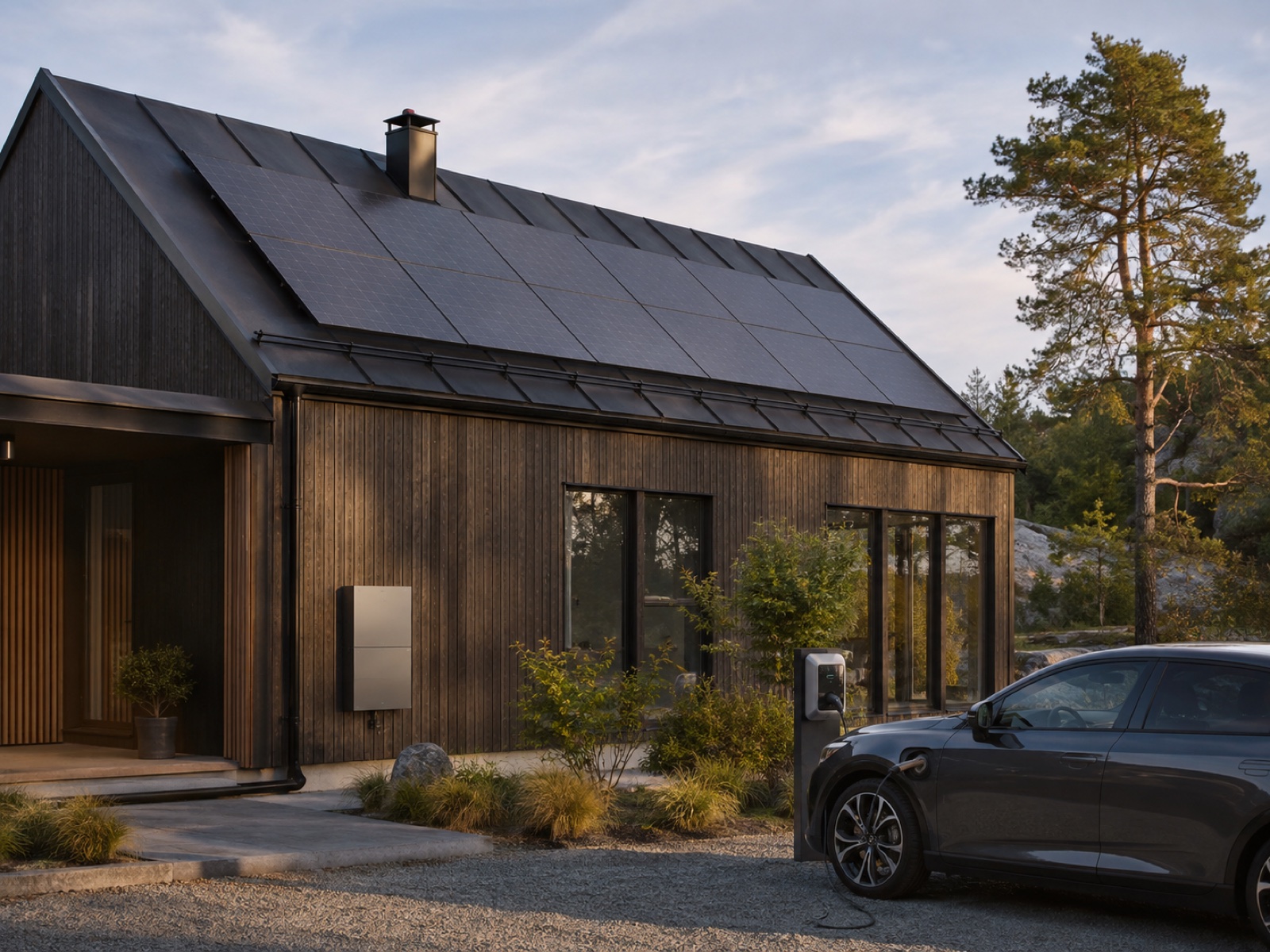 Svensk villa med solceller, batterilagring och laddbox
