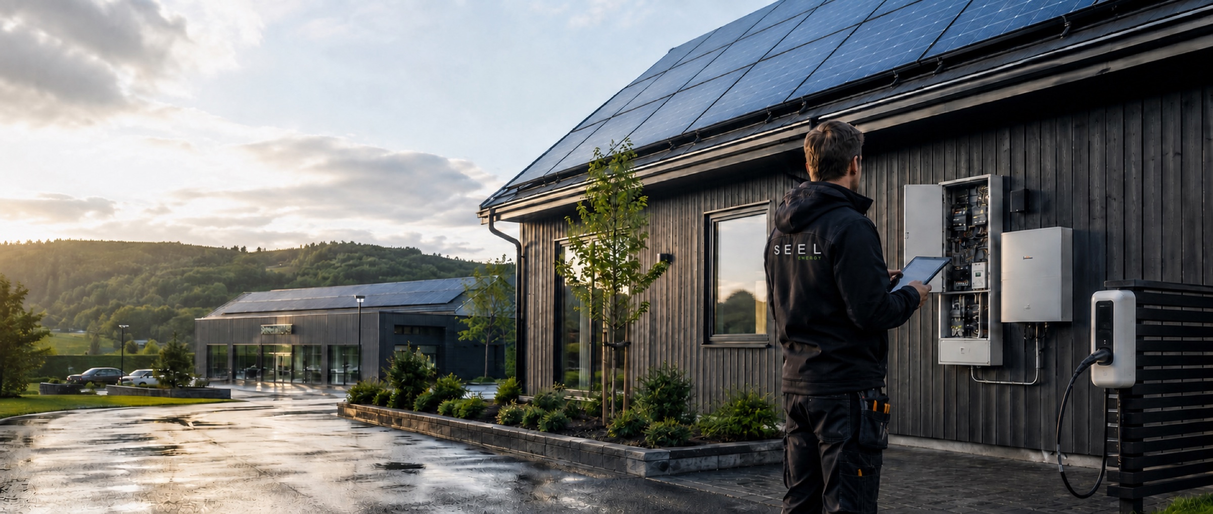 SEEL Energy-elektriker vid modern energiinstallation med solceller och laddbox